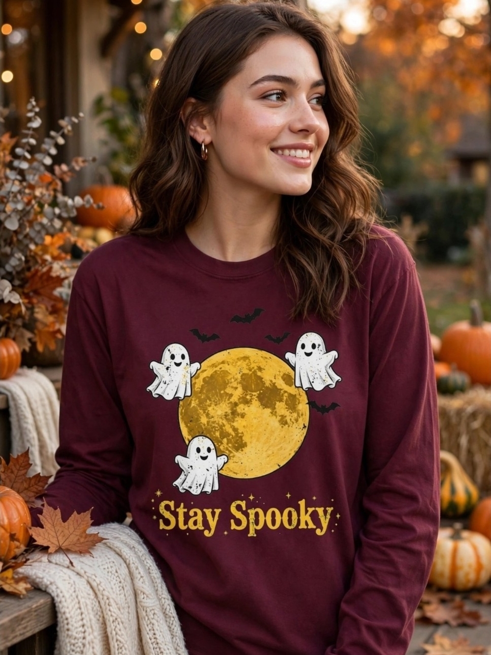 Stay Spooky Unisex Long-Sleeve Shirt - Maroon Halloween Boutique NWT